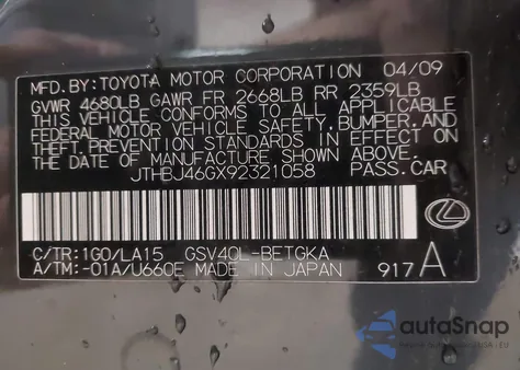 2009 Lexus Es 350 from USA, damaged, VIN JTHBJ46GX92321058